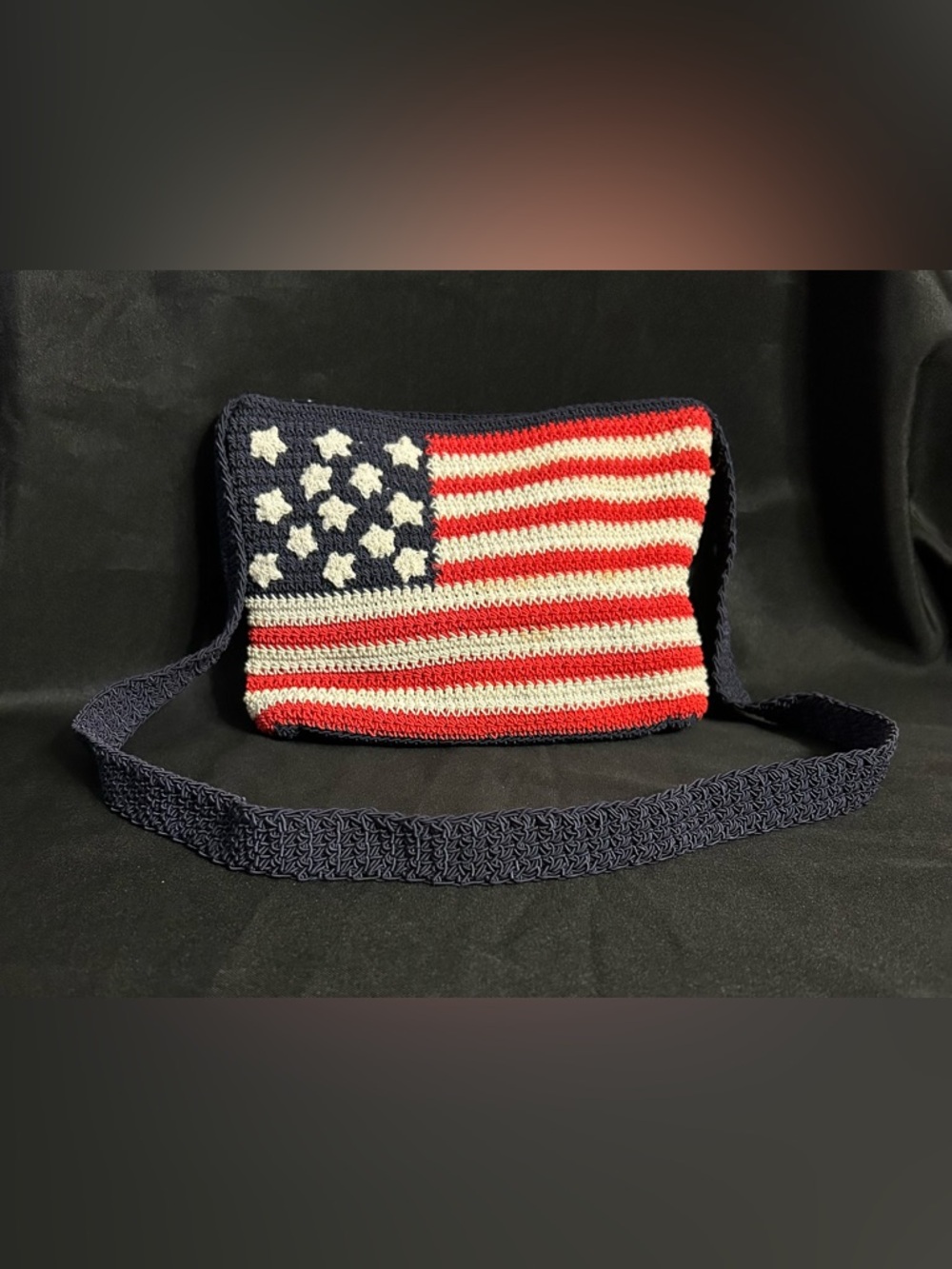 Chateau Woven Crocheted American Flag Crossbody Bag Red White Navy Blue